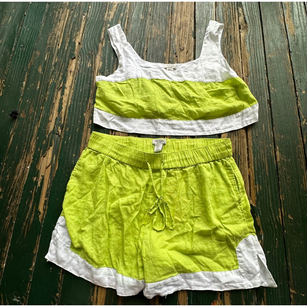 Haute Hippie Style Linen Blend Lime Green White Crop Top Shorts Set XL